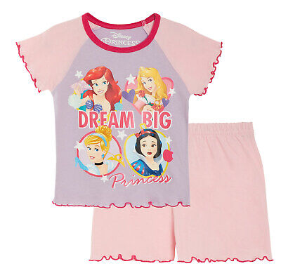 Disney Princess Short Pyjamas Kids Shortie Summer Pjs Set Girls Nightwear Size