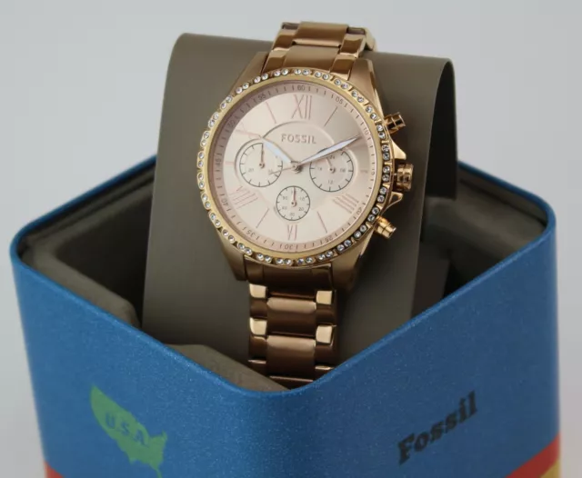 New Authentic Fossil Modern Courier Chronograph Rose Gold Women's Bq3377 Watch