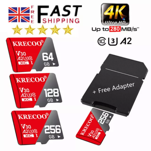 Micro SD Memory Card Class 10 U3 A2 64GB 128GB 256GB 512GB 1TB + Free Adapter