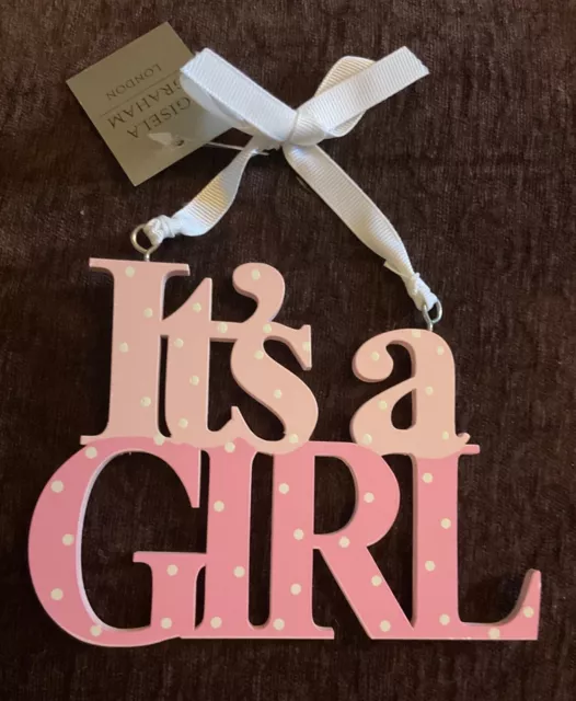 Gisela Graham Wooden ‘It’s a Girl’ Hanging Sign ~ New Baby Girl Gift~2 Tone Pink