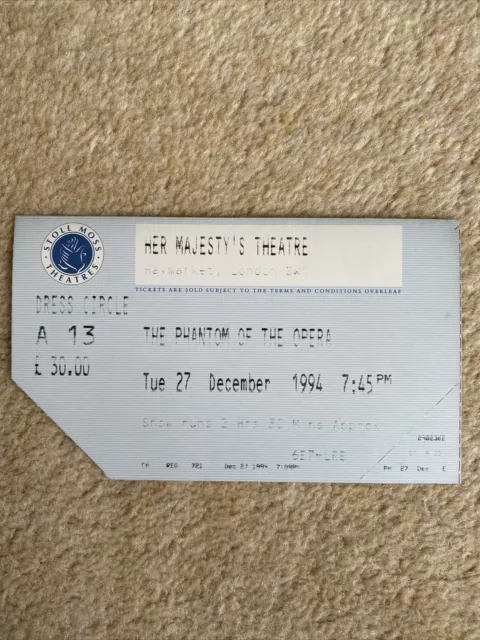 Ticket Stub "The Phantom of the Opera" Her Majesty’s Theatre December 1994