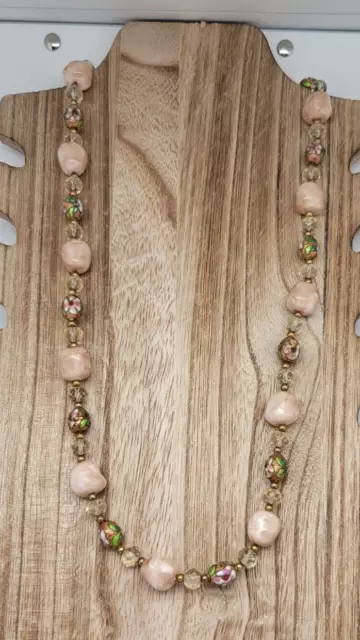 Vintage Natural Pink Rose Quartz, Clear Beads and Cloisonné Beads Necklace 20"