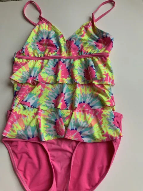 Justice Girls Tye Tie Dye Pink Yellow White Tankini Size 20 Swim