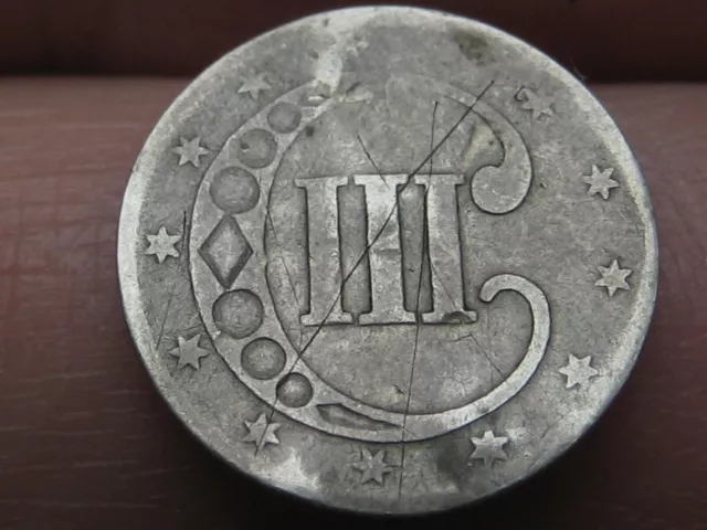 1852 Three 3 Cent Silver Trime- 3CS, About Good Details