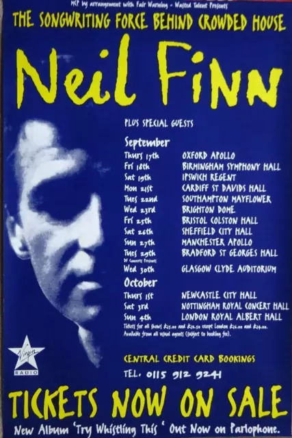 Neil Finn UK Tour Poster - Try Whistling This 1998 -Vintage Promo- Crowded House