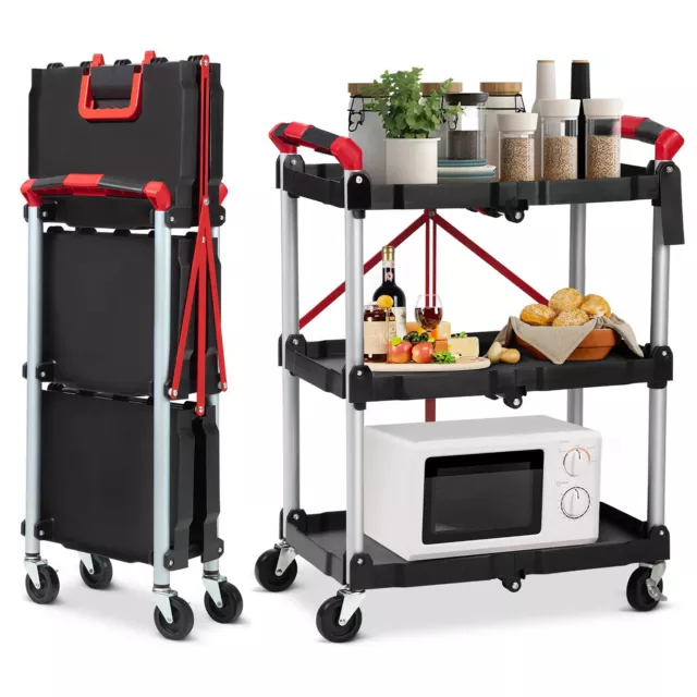 3-Tier Folding Portable Utility Service Push Cart with Wheels Food Service Shelf