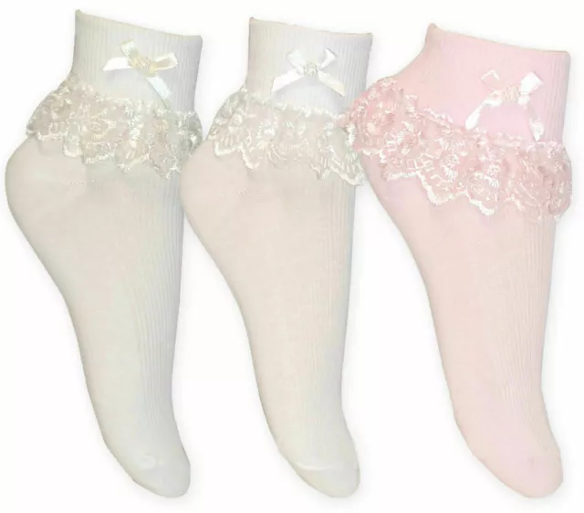 1 3 6 Pairs Girls Frilly Lace Ankle Wedding Occasion Socks Cotton Jester 000-4-6