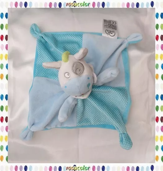 Doudou Peluche Plat  Carré Ane Cheval Blanc Bleu Pois Mots D'Enfants