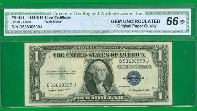 $1 1935-G 1 D/J Block Blue Seal Silver Gem Uncirculated With Motto Opq 66