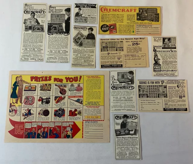 Lotto Di Undici Chemcraft Chimica Kit Ads ~1929-1961
