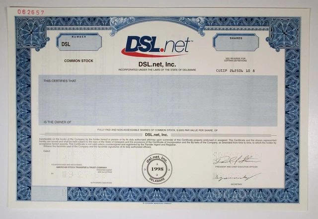DSL.net, Inc., 1999. Specimen Stock Cert, XF-AU condition, JBNC