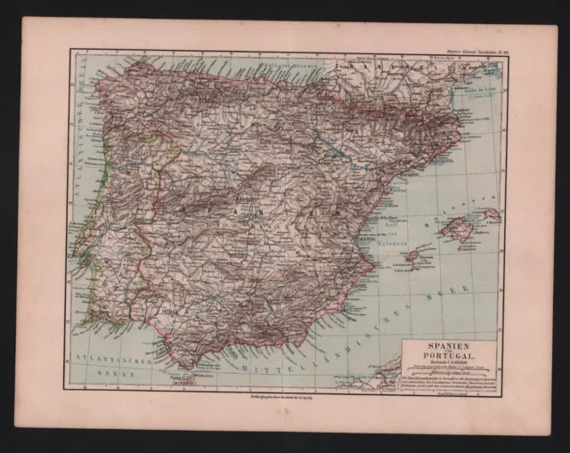 Landkarte map 1896: Spanien und Portugal. Sevilla Madrid Valencia Lissabon