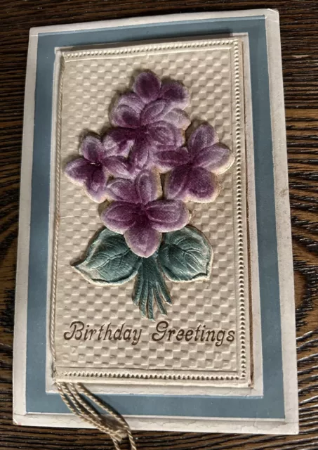 Vintage Birthday Card Postcard Embossed Litho Purple Flowers Cover Opens 1911