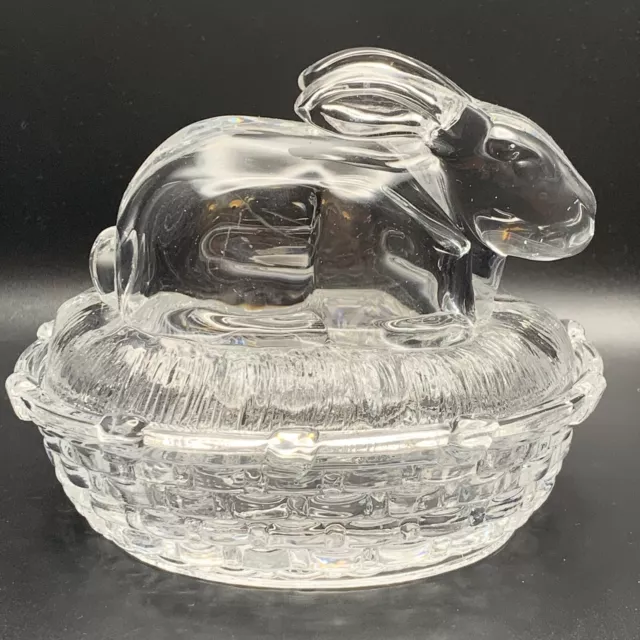 Bunny Rabbit on a Nest Basket Clear Glass Covered Trinket Candy Dish 5”
