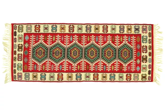 Persan Kelim Tapis Tissé à la Main 90x200 Rouge Géométrique Motif Orient Laine