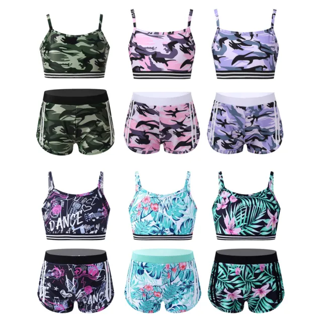 Girls 2-Piece Athletic Outfits Camouflage Top and Shorts Set for Gymnastic Sport