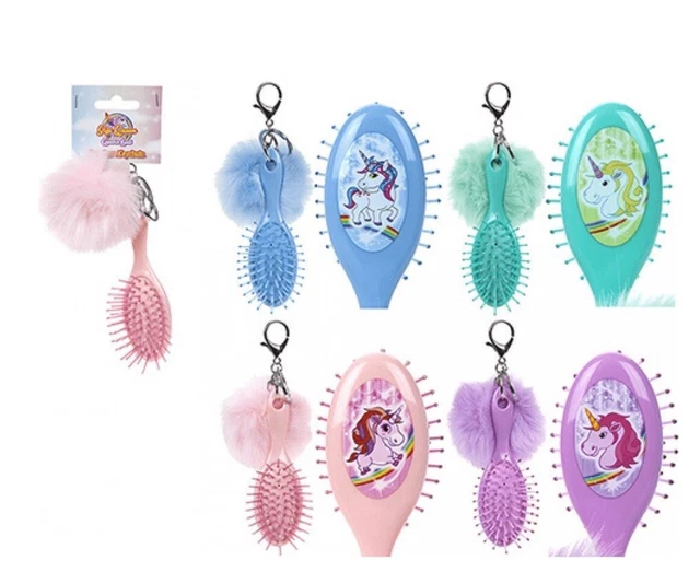 KIDS MINI UNICORN CUSHION BRUSH Keyring Girls Pastel Pony Design Hair