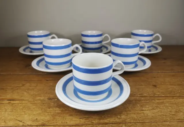 6x Carrigaline Pottery Cups & Saucers, Blue White Stripe, Cornishware interest
