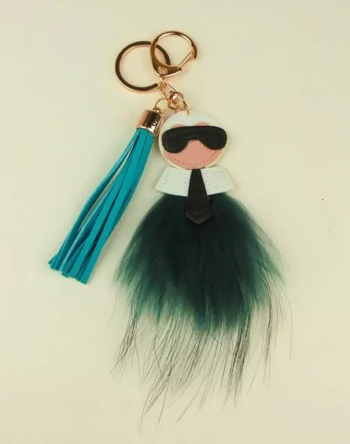 Genuine Teal Blue Green Fur Key Chain Ring Bag Charm Karlito Monster Karl Doll