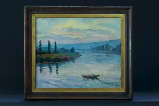 Tableau ancien Franck Innocent Paysage  Pêcheur sur la rivière Rouen hst 1942 2