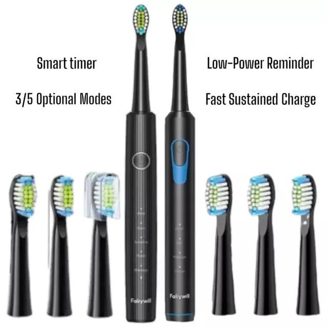 Fairywill Sonic Electric Toothbrush USB Rechargeable Timer & 6/8 Heads Black