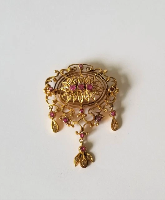 Collier Ancien En Or 18 Carats, Rubis Et Diamants - Bijou 19ème Siècle, Occasion