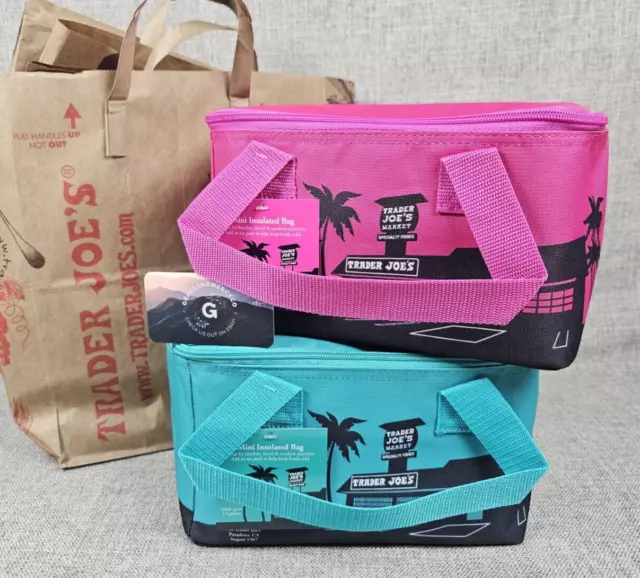 TRADER JOE'S MINI Insulated Cooler Tote Bag 2024 Set of 2 Pink & Teal