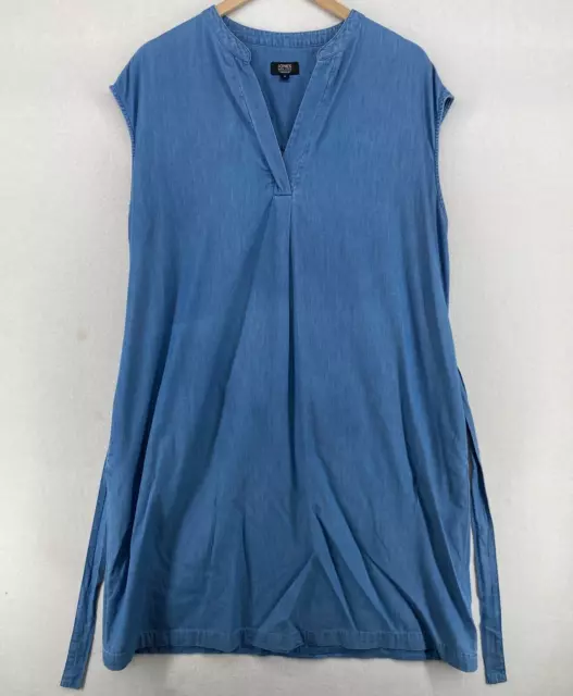 JONES NEW YORK Dress 16 Cotton Chambray Shift Split Neck Sleeveless Belted Blue 2