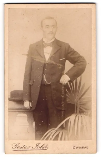Fotografie Gustav Jobst, Zwickau, Junger Mann im edlen Kostüm neben einer Fäche