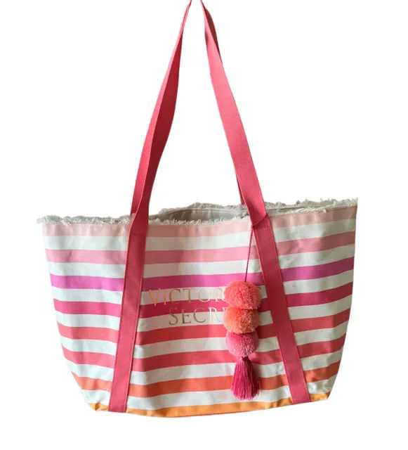 Nwot Victoria's Secret Large Tote Bag Pink Striped Cotton Canvas Pom Poms