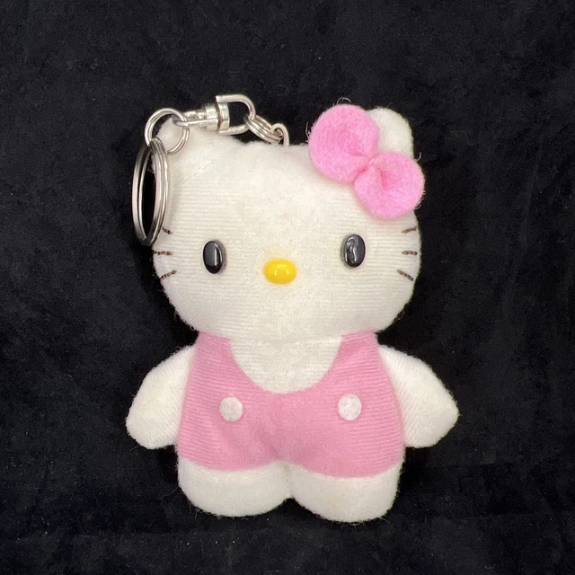 HELLO KITTY SANRIO 2005 Keychain Stuffed Plush Toy White Pink Overalls