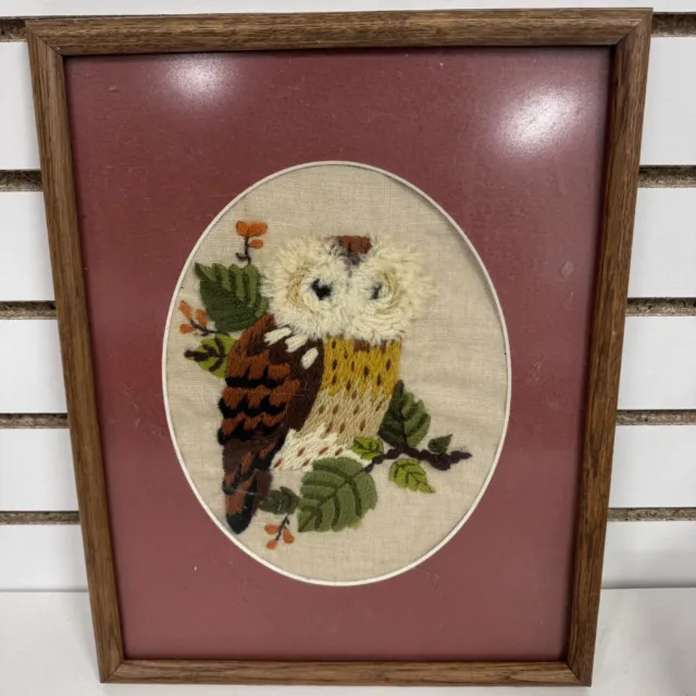 Vintage Embroidered Crewel Needlework Framed Owl Picture, Hand Sewn BHN