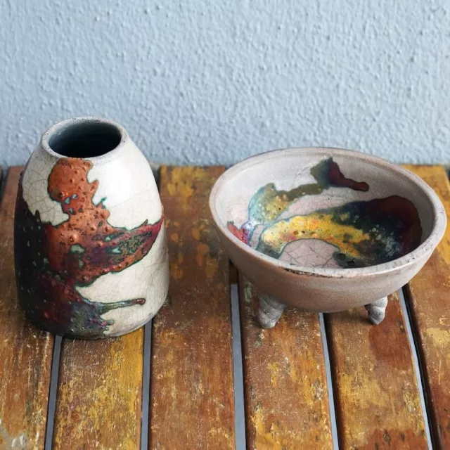 Mizu & Suzu 2 Pack Ceramic Raku Vase Handmade Pottery Home Decor Birthday Gift