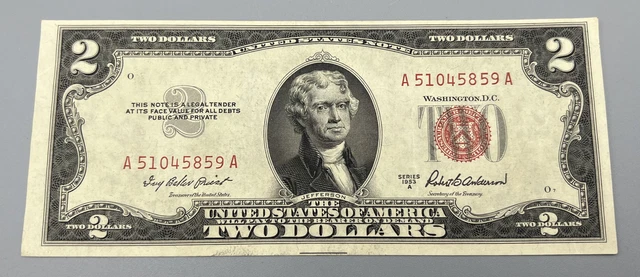 1953 A $2 Two Dollar Bill Crisp United States Note Red Seal Unc