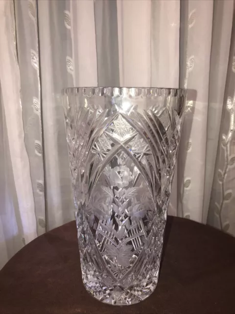 Vintage Stunning Large 11” Bohemian Czech Intricate Cut To Clear Crystal Vase!!!