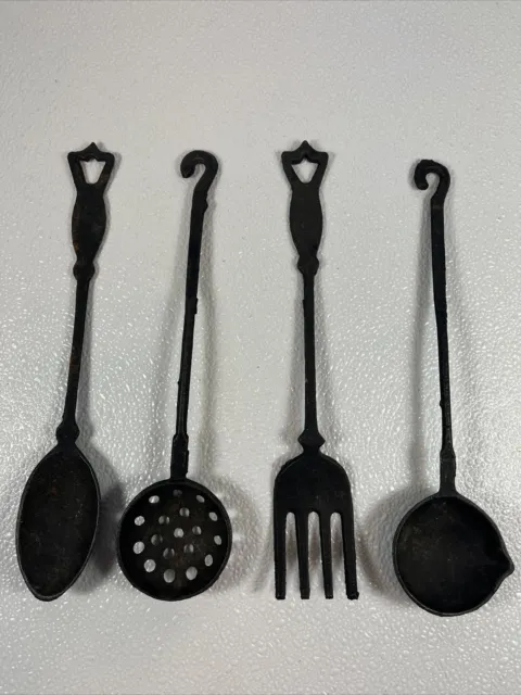 Vtg 4 Kitchen Utensil Black Cast Iron Wall Decoration spoon ladel fork Spoon 11”