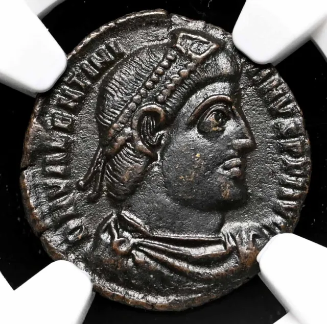 Valentinian I, AD 364-375. Æ Nummus, Emperor dragging captive, NGC XF