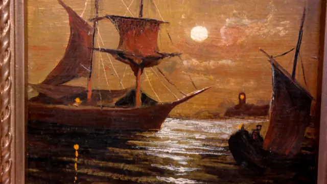 Öl Gemälde Öl Bild Holzrahmen 23x25 cm Maritim "Segelschiffe im Mondlicht" 3