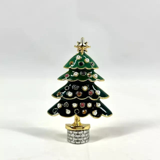 Talbots Christmas Tree Brooch Green Enamel Faux Pearl Rhinestone Gold Tone VTG