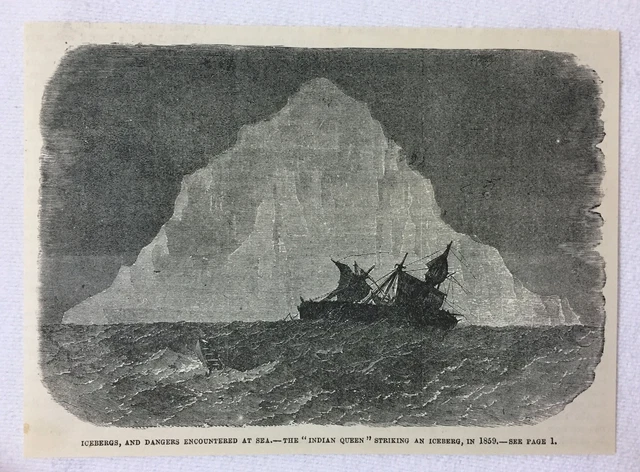 1880 magazine engraving~ 'INDIAN QUEEN' STRIKING AN ICEBERG