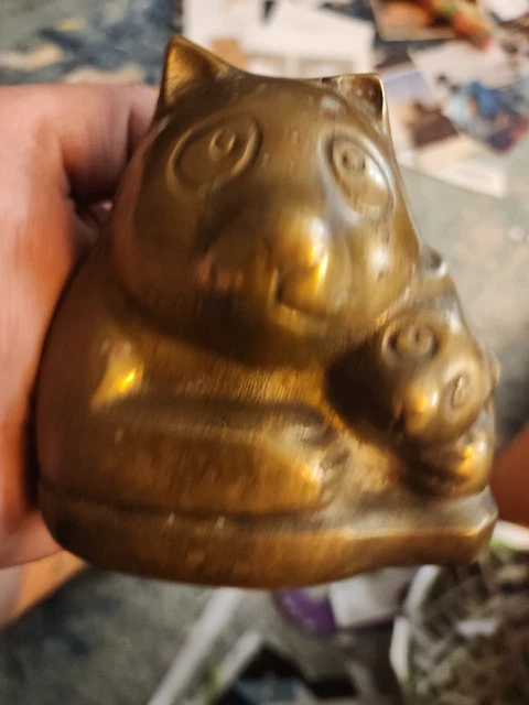 VINTAGE BRASS Panda Mama and Baby Bank WITH PLUG MID CENTURY DECOR
