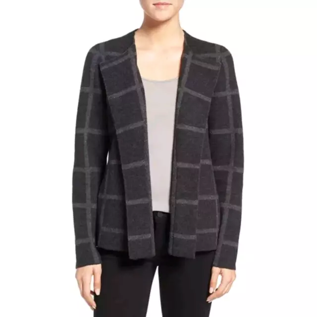 EILEEN FISHER L Gray Windowpane Checked Felted Merino Sweater Jacket NWT