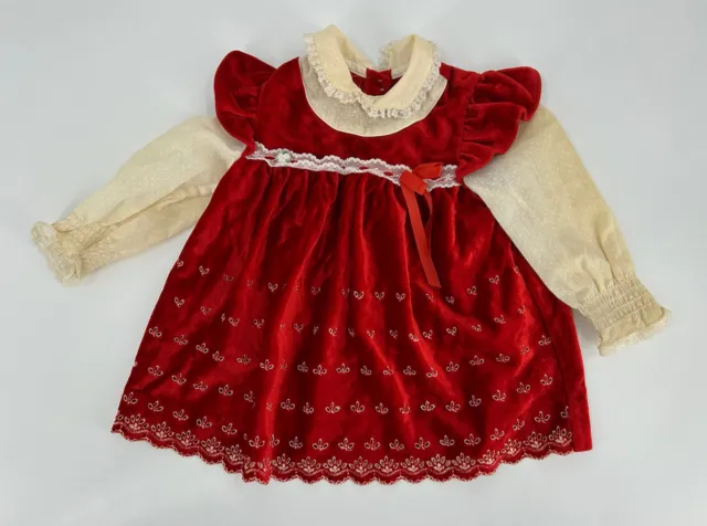 Vintage Unbranded Baby Girl 18 months Holiday Christmas Dress Red Velour Ivory