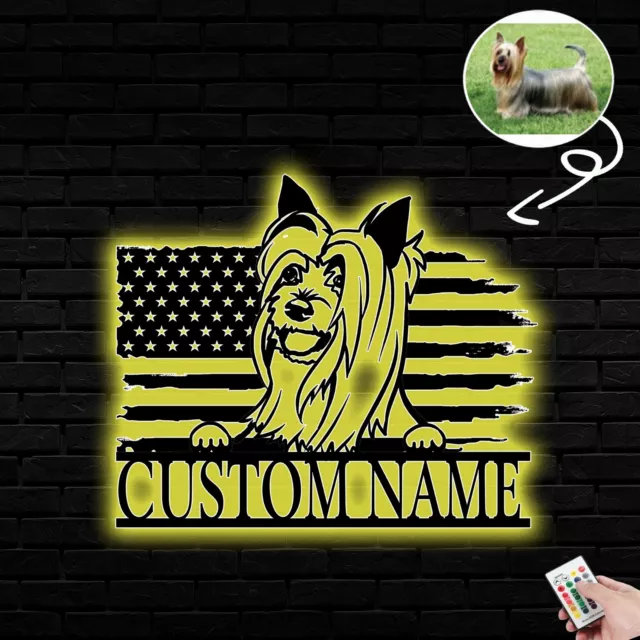 Personalized Australian silky terrier Dog American Flag Metal Sign Led Lights