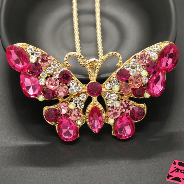 Fashion Women Rose red Bling Crystal Cute Butterfly Lady Sweater Chain Necklace