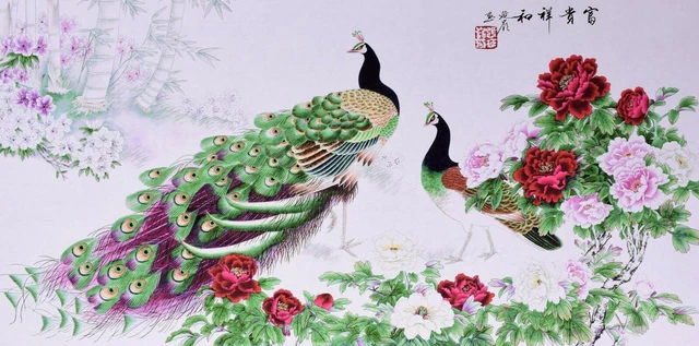 100% ORIGINAL ASIAN ART CHINESE WATERCOLOR PAINTING-Peacock lover&flower&bamboo