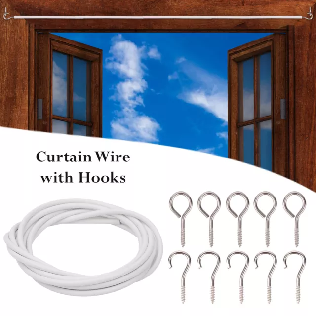 Net Curtain Wire White Window Voile Cord Cable HOOKS & EYES Choose Lengths