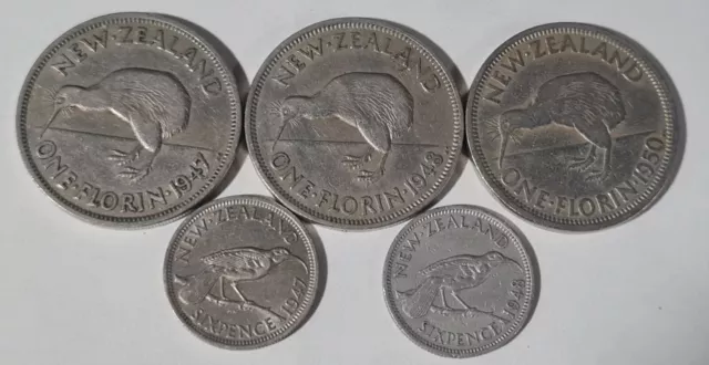 New Zealand Florins and Sixpence lot of 5 coins