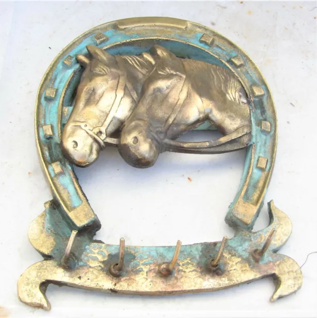 Vintage Brass Horse Double Head 5 Hook Wall Mounted Coat Rack Horseshoe