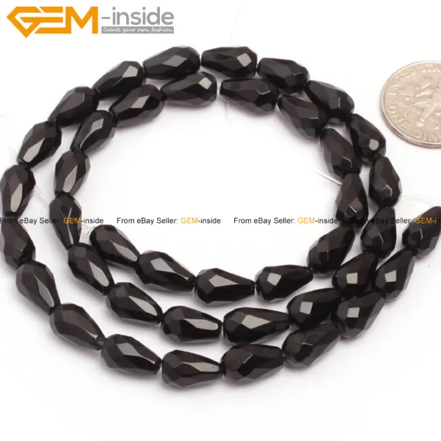 Faceted Teardrop Natural Black Agate Stones Loose Beads For Jewelry Making 15"